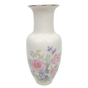 Vintage Asian Porcelain Floral Vase Gold Rim 10.5" Tall Made In Japan